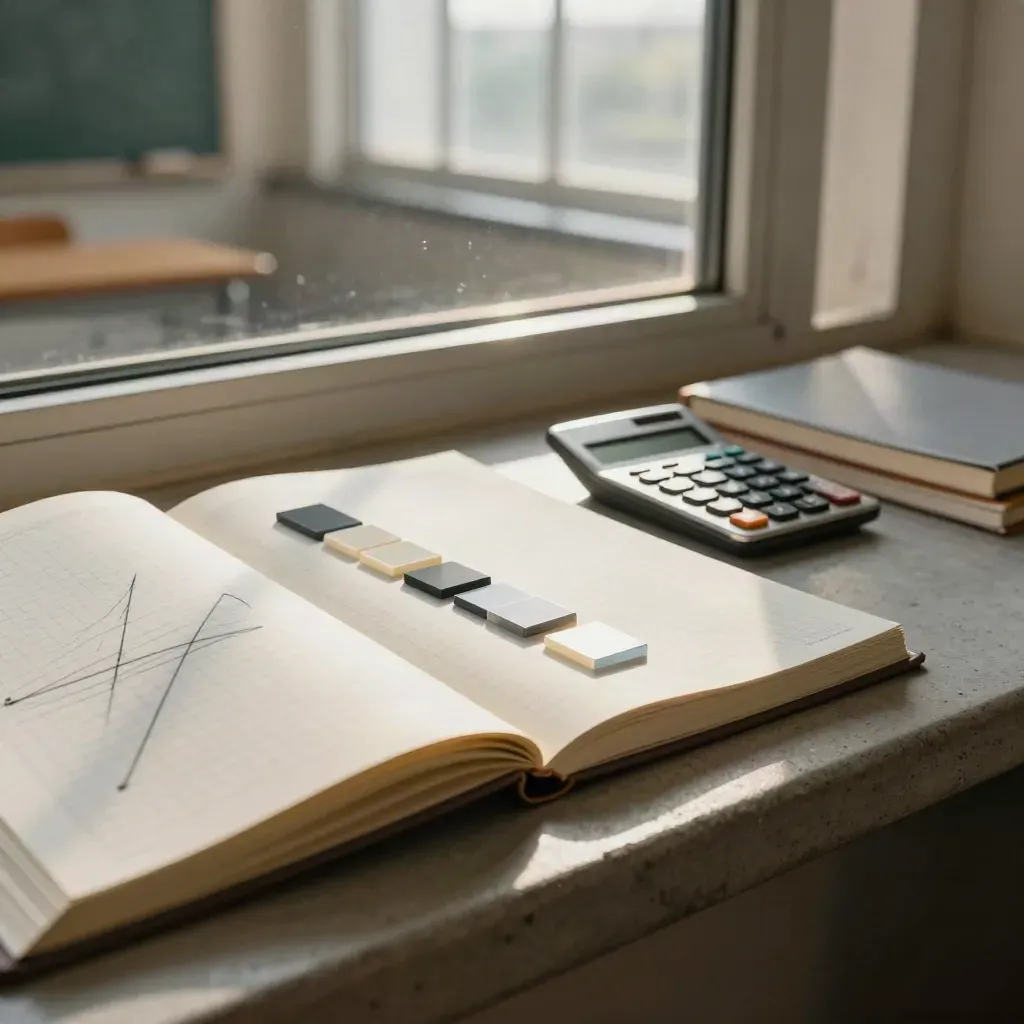 Materiały do kursu maturalnego z matematyki na parapecie w klasie, w chłodnych barwach.