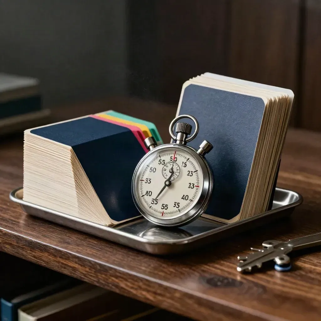 Stopwatch, taby i karty kursu na metalowej tacy w dramatycznym świetle.