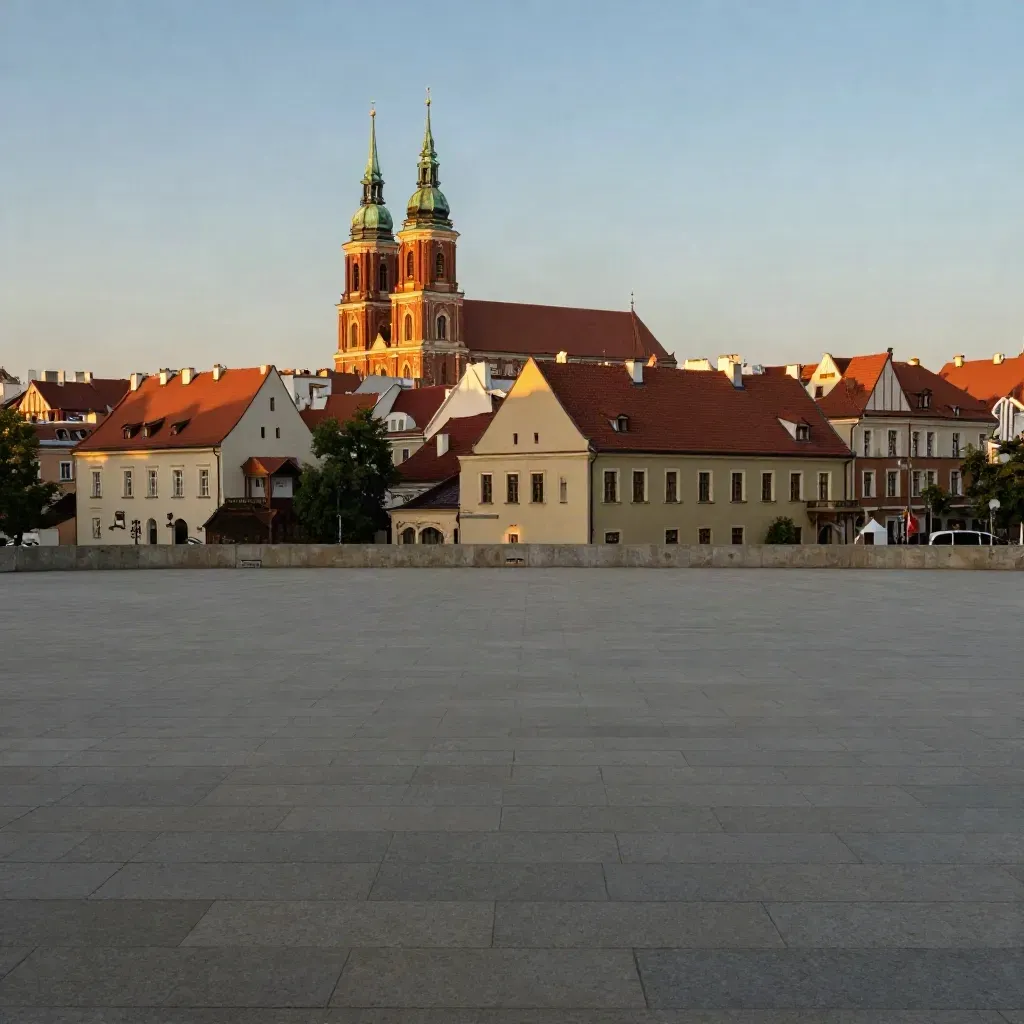 Panorama Poznania z wieżami katedry nad spokojnym placem w ciepłym świetle